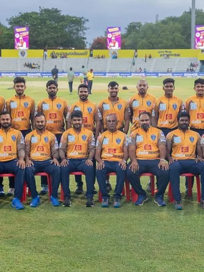 A team photo of the Nellai Royal Kings from the 2023 season. Working with a professional cricket team like this involves managing player workloads, ensuring they are physically prepared for the demands of the tournament, and helping them stay healthy.