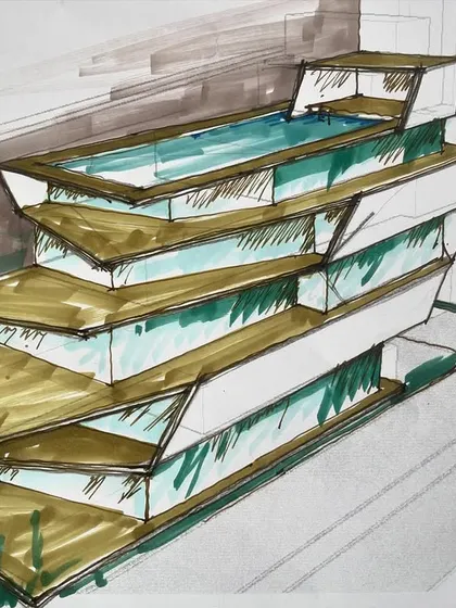 A colored sketch of a terraced building with glass facades and a rooftop pool.