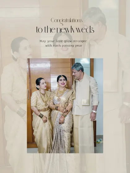 A beautiful family portrait. The bride, her mother, and father are all dressed in coordinated gold and cream outfits that I designed for the wedding ceremony.