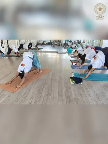 A glimpse into our Teacher Training Course, where students learn to connect breath and movement in unison. Here, the class practices Adho Mukha Svanasana (Downward-Facing Dog), a foundational pose for building strength and awareness.