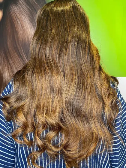 Another angle of the finished caramel brunette balayage, full of life and color.