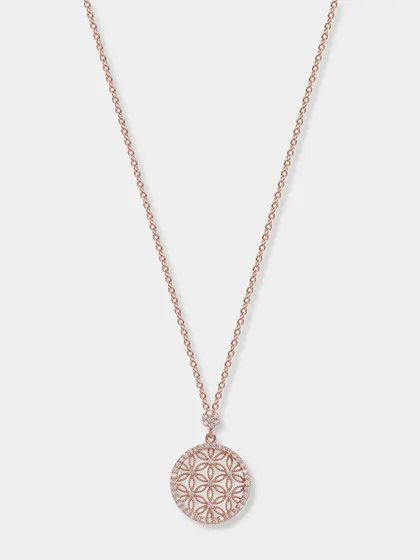 A rose gold necklace with a geometric "flower of life" pendant. The white background ensures the delicate design and warm color of the metal are accurately represented.