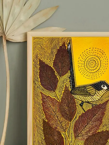 From the "VIBING with NATURE" exhibition, this series by Puja Kumari uses preserved dried leaves as a central element. Her unique style combines delicate ink drawings of birds with the natural texture of the leaves, creating beautiful, eco-friendly art.
