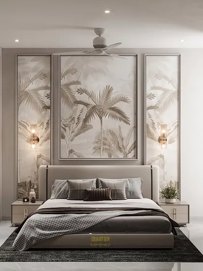 A 3D visualization for a parents' bedroom, featuring a serene and elegant design. The back wall is a triptych of panels with a calming palm wallpaper, flanked by warm wall sconces for a balanced and restful atmosphere.