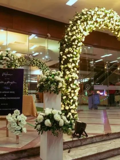 A personalized welcome sign and floral arrangements at the entrance of the reception hall, ensuring guests feel welcomed and informed.