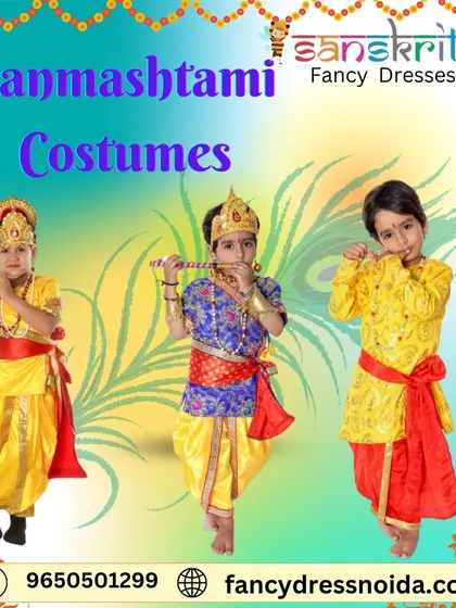 A promotional image featuring three boys dressed in our popular Krishna costumes. The different poses and styles showcase the playful and authentic look we provide for Janmashtami celebrations.
