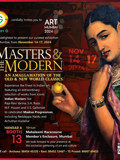 The official invitation to our curated exhibition, 'The Masters & The Modern,' at Art Mumbai 2024, featuring an extraordinary selection of iconic Indian masters.