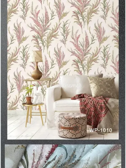 A room mockup featuring a wallpaper with a repeating pattern of pink and green feathery plants.