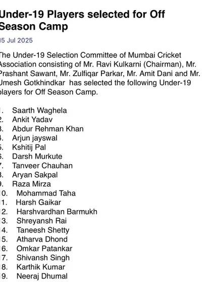 The official MCA announcement for the U-19 Off-Season Camp, confirming Shivansh Singh's selection among the top prospects in Mumbai.