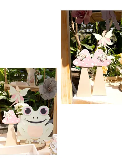A collage showing the small, magical details of our fairy theme, from a smiling frog cutout to tiny mushroom props adorned with golden butterflies.