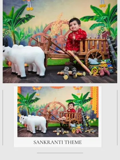 This collage shows the full Sankranthi theme setup, complete with miniature bulls and a colorful harvest backdrop. It's a wonderful way to celebrate this important festival.