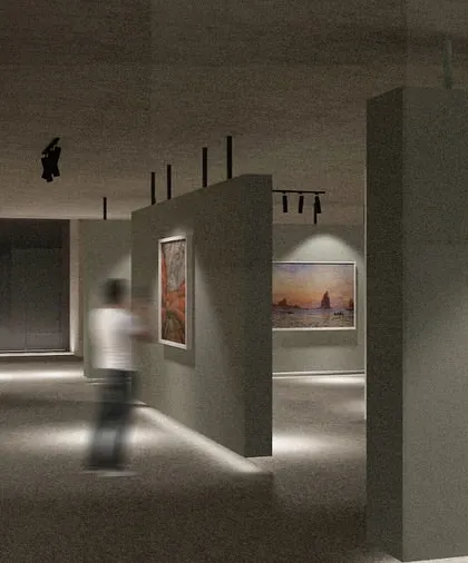 A gallery section within our museum concept. Here, freestanding walls and track lighting are used to create intimate viewing areas, demonstrating how we choreograph movement and perspective in exhibition design.