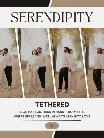 A stylish and modern collage from Rahul and Priyanka's autumn shoot. The 'Tethered' theme is illustrated by their back-to-back, hand-in-hand poses, symbolizing their strong connection.