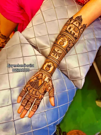 A single arm design featuring a story-telling mehndi with a bride and groom, kalash pots, and an elephant procession.