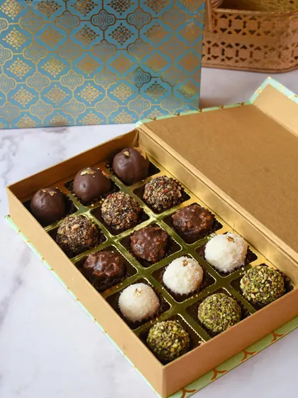 A glimpse of our customized Diwali hampers, featuring an assortment of our handcrafted chocolate truffles in a beautiful gift box.