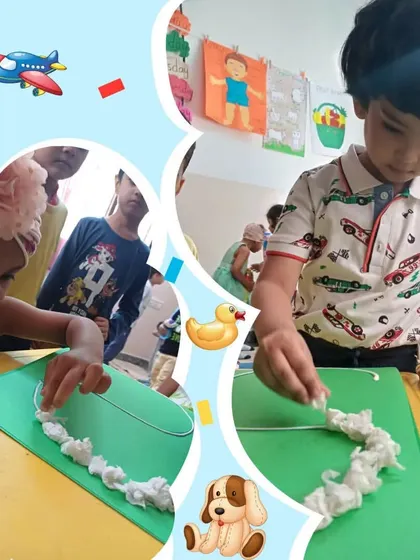 This collage shows children using cotton to form letter shapes. This creative, hands-on activity makes learning phonics fun and helps develop fine motor skills alongside literacy.