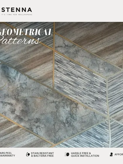 This wallpaper features a complex geometrical pattern that mixes stone and wood textures. The interplay of different materials and shapes creates a captivating design that is both balanced and visually interesting.