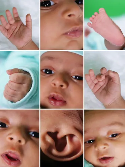A detailed collage of a newborn's features. I capture close-ups of their tiny hands, feet, lips, and ears, preserving the memory of how small and perfect they were.
