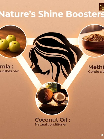 This graphic highlights nature's shine boosters for hair. Amla nourishes, Methi acts as a gentle cleanser, and Coconut Oil is a wonderful natural conditioner.