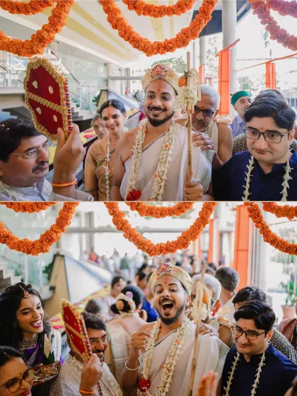 A collage capturing the fun and traditional Kashi Yatra ritual, where the groom playfully pretends to leave for a pilgrimage before being persuaded to marry.