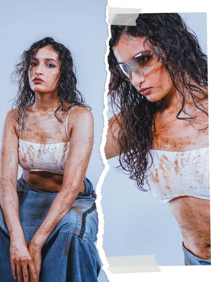 This composite image uses a torn-paper effect to present two moments from a conceptual shoot. It's an effective way to show different angles and moods within a single, art-focused editorial piece.