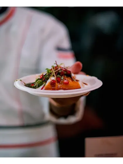 A close-up of the same artfully plated chaat, highlighting the vibrant colours and fresh ingredients that define our modern Indian cuisine.