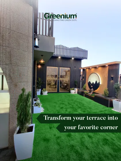 Here is how I transform a terrace into a favorite corner of the house. This project features lush artificial grass, modern planters, and a unique art installation with a Buddha statue, creating a peaceful and stylish escape.
