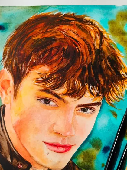 A recent watercolor portrait I did of a client. I love how the background colors complement the subject. DM to get your own custom portrait.