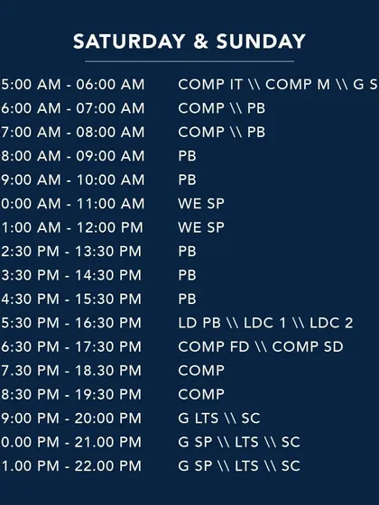 The Saturday and Sunday timetable for our 50m pool, designed to accommodate both recreational and serious swimmers.