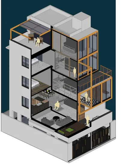 A sectional axonometric drawing of the SOL House, revealing the relationship between all its interior spaces. This diagram illustrates the multi-level living areas, the vertical circulation, and how each floor connects to the exterior frame.