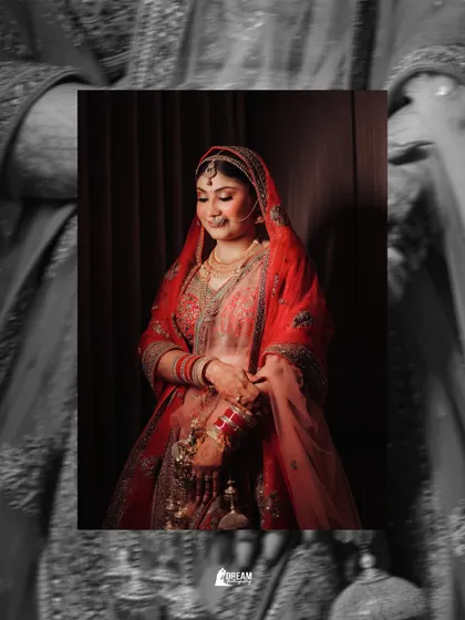 A creative edit of Airika's bridal portrait, framed within a monochrome background of her own lehenga details.