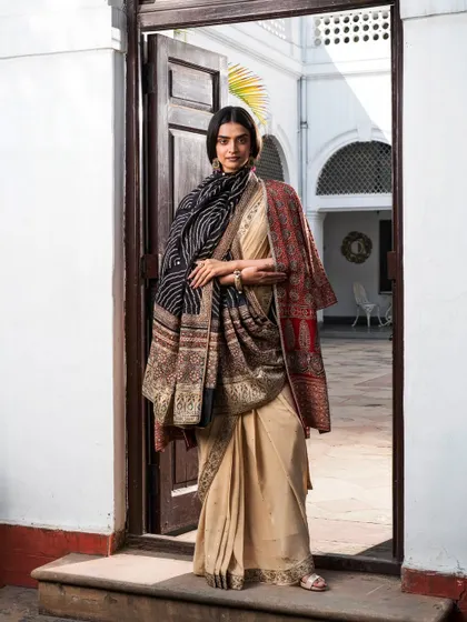 Here, I've styled a simple beige saree with a heavily embroidered shawl. This demonstrates how to elevate a simple piece into a grand ensemble using layering and accessories.