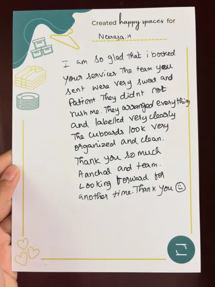 "The team you sent were very sweet and patient." A lovely note from our client Neeraja, highlighting our team's clear labeling and organized cupboards.