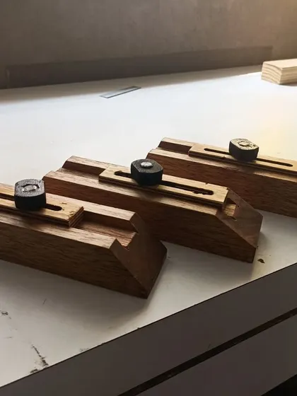 These are the jigs I've made to help create the precise angles needed for the infill pieces of a triangle grid Kumiko. Good jigs are the secret to accuracy and repeatability in woodworking.