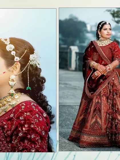 A diptych of the bride on her wedding day, showcasing her full outfit and a detailed shot of her hair and jewelry. This highlights the complete bridal look.