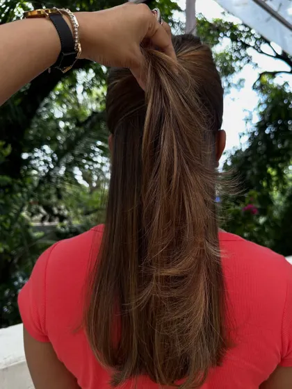 The ponytail test shows how the layers and highlights work together even in an updo.