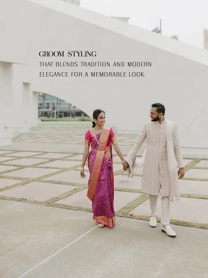 Groom styling that blends tradition and modern elegance. For this Tamilian wedding, the groom's blush Sarab Khanijou ensemble was a soft echo to the bride's vibrant hot pink saree, creating a beautiful cultural and color-coordinated look.