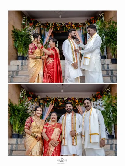 A collage showing the couple with their proud parents, a cherished family portrait from the wedding day.