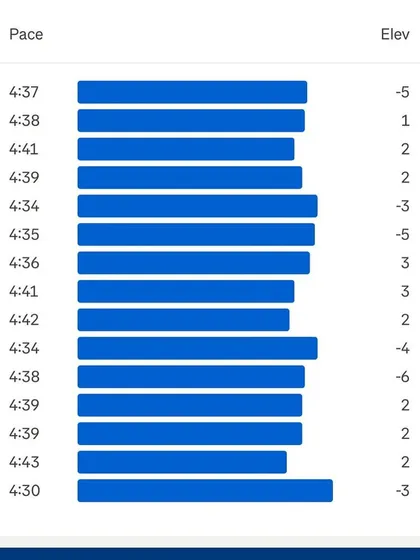 These are the splits from a 15km tempo run, showing consistent pacing around 4:35-4:40/km. I analyze these charts to ensure my athletes are hitting their target zones without burning out, a critical skill for half and full marathon training.