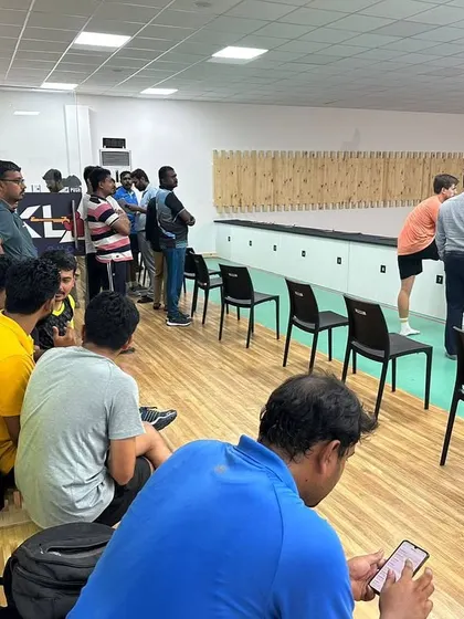A corporate team gets ready for their shooting experience. We offer customized team building shooting activities designed to improve focus, relieve stress, and offer a unique break from the office routine.