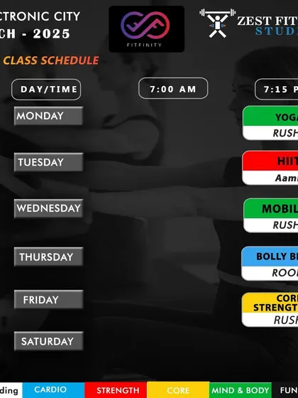 The class schedule for March 2025 at our Electronic City branch. We consistently offer popular classes like Yoga, HIIT, and Bolly Beats, led by our expert instructors.