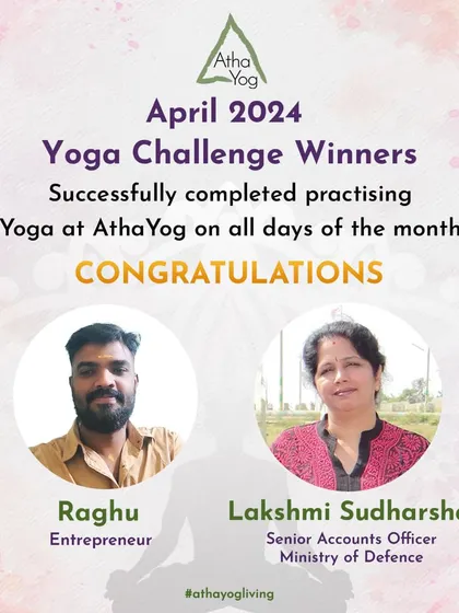 Congratulations to our April 2024 Yoga Challenge winners, Raghu and Lakshmi Sudharshan. Their consistent practice and perseverance inspire everyone at the studio.