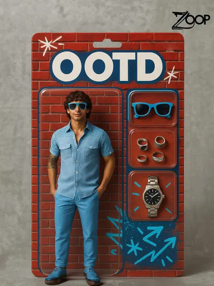 A playful OOTD graphic featuring a blue co-ord set. It shows how my informal suits and shirts offer the perfect balance between looking sharp and staying comfortable.