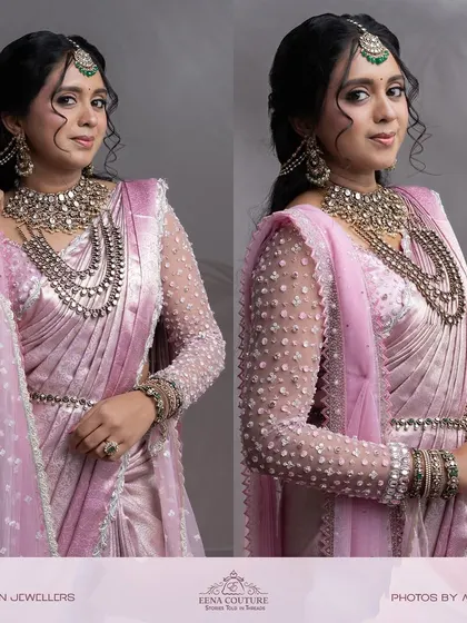 From my Maharani Series, this light pink Kanjivaram saree is where tradition meets modern artistry. I've adorned it with intricate zardozi and paired it with a net handwork blouse and a regal dupatta, a tribute to the ancient queens of India.