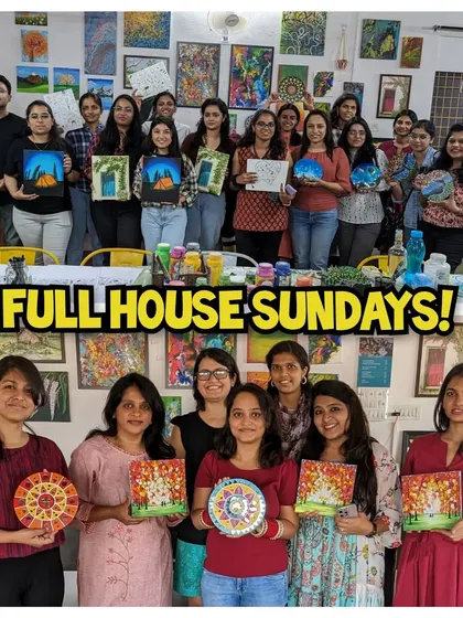 A collage celebrating a "Full House Sunday" at the studio, with participants of all ages enjoying canvas painting and other art forms.