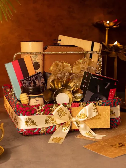 A beautiful Diwali gift basket overflowing with premium items. We can customize the contents to include tech gadgets, gourmet food, and personalized stationery to fit your needs.