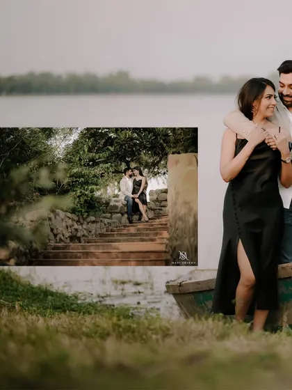 Another angle from the lakeside shoot, showing the couple's connection in a peaceful setting.