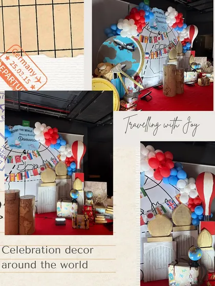 A collage showcasing the 'Celebration decor around the world' concept. We used vintage suitcases, hot air balloon props, and a world map backdrop to create a whimsical and adventurous photo booth area.