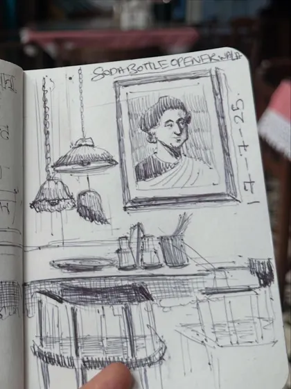 Another detail from my SodaBottleOpenerWala sketchbook spread, this time focusing on a portrait and the charming, old-fashioned decor of the cafe.