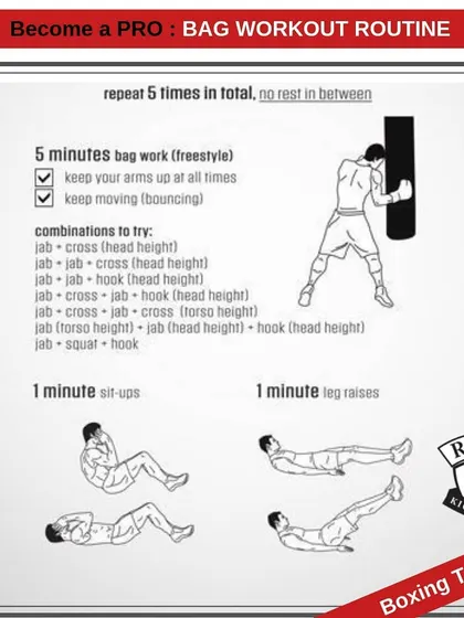 This bag workout routine is designed to build endurance and punching combinations. It integrates freestyle bag work with core exercises like sit ups and leg raises for a complete conditioning circuit.